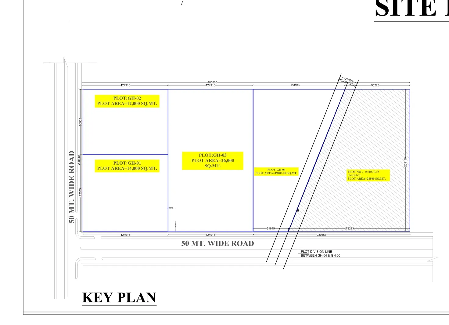 SG Nakshatra Siddharth Vihar key plan confirming plot 04/BS-02/5 (04/GH-5) area of 28,500 sq m beside plots GH-01 to GH-04, between two 50 metre roads in Ghaziabad