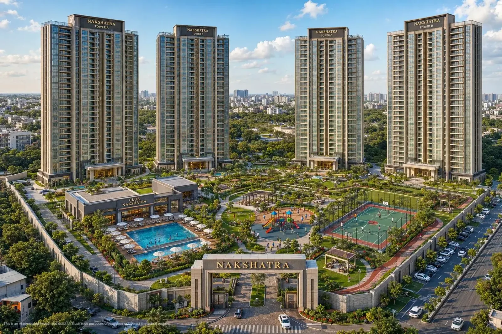 Aerial render of SG Nakshatra, Siddharth Vihar, Ghaziabad: four residential towers around a central clubhouse, pool and sports courts